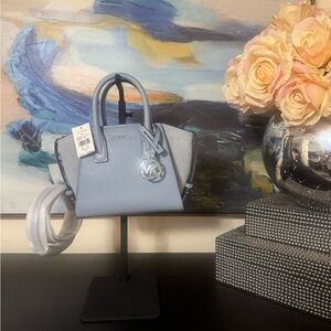 Michael Kors Avril Extra-Small Leather Satchel in the Pale Blue / Pearl Grey.